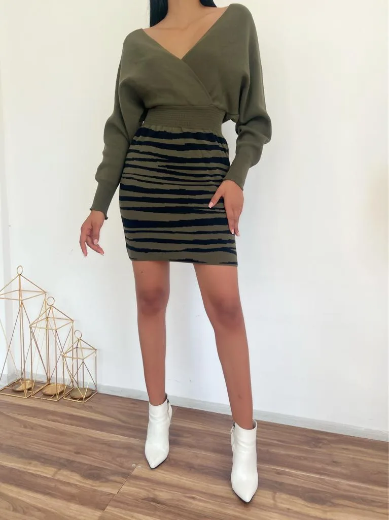 Zebra Desen Triko Elbise 841 - Haki