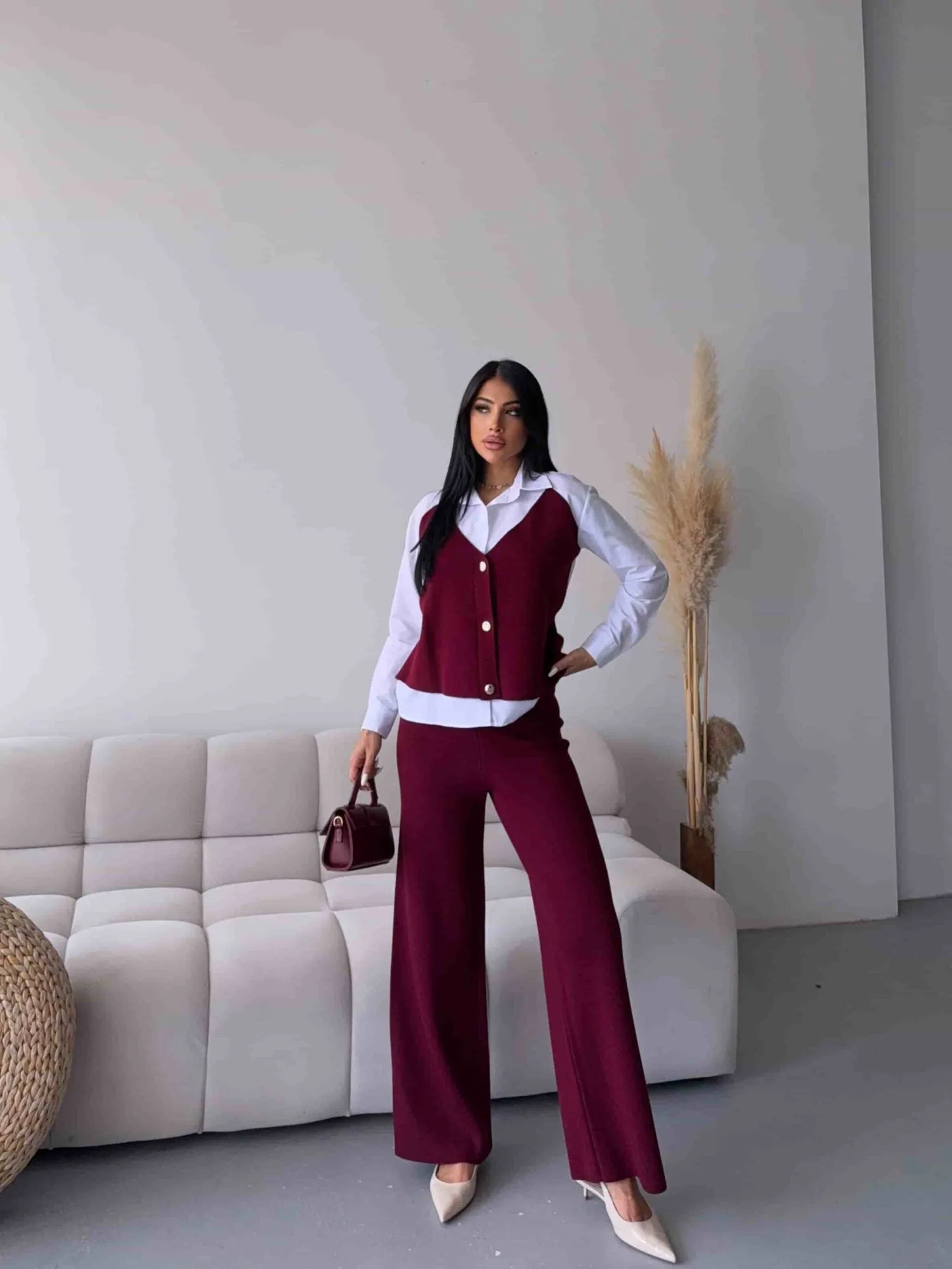 Süveter Detay Triko Takım 1514 - Bordo