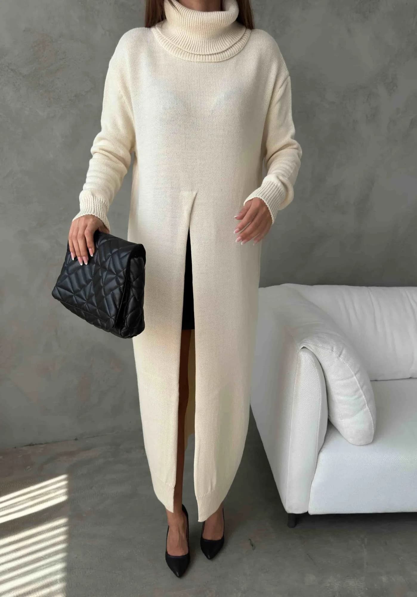 Balıkçı Yaka Triko Elbise 1508 - Kemik , 1S 2M 1L 1XL