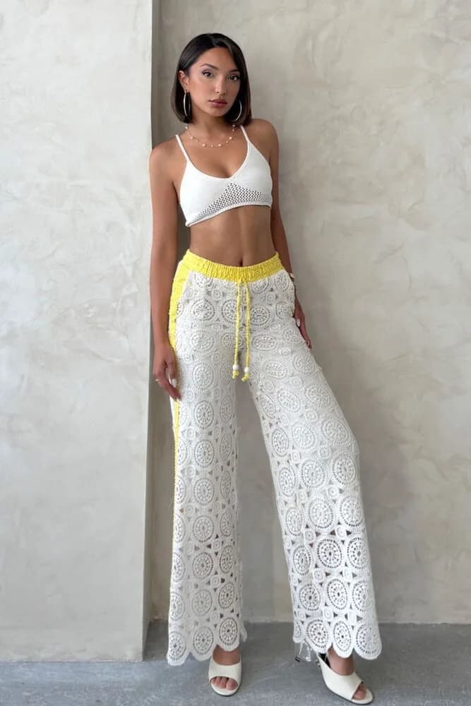 Kot Detaylı Dantel Pantolon - SARI