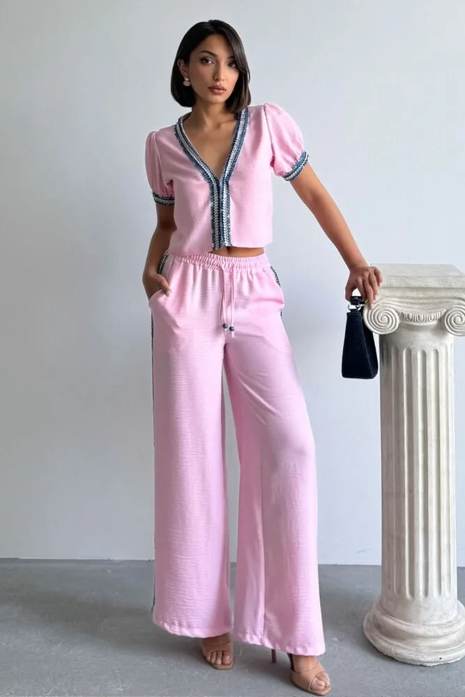 Kot Şeritli Toptan Pantolon Pembe - PEMBE