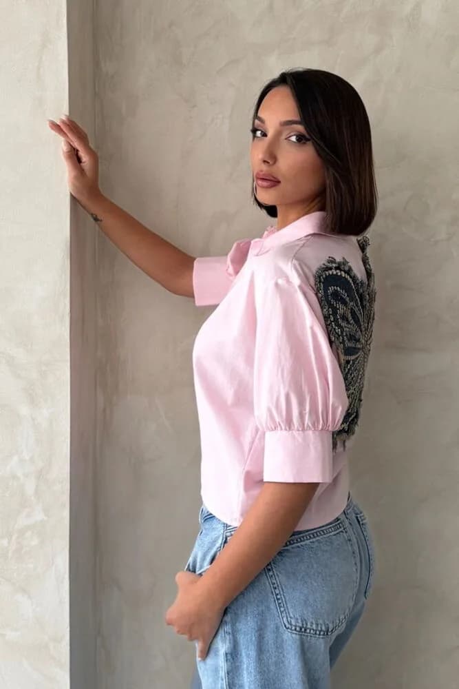 Arkası Kelebek Detaylı Toptan Gömlek Pembe - PEMBE