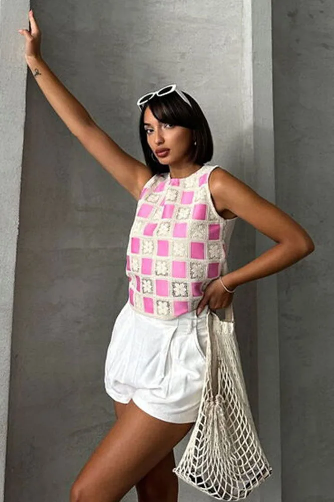 Topshow Ham Pembe Kolsuz Dama Desen Tiğişi Toptan Bluz - HAM PEMBE