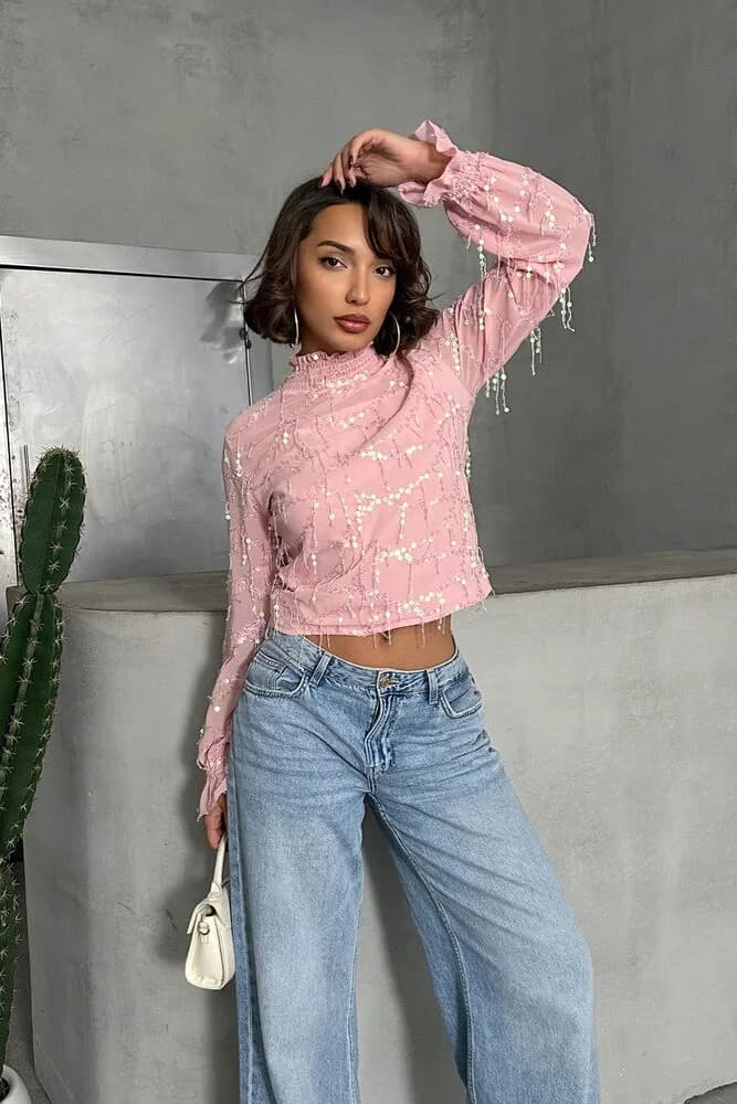 Saçaklı Toptan Bluz - PEMBE
