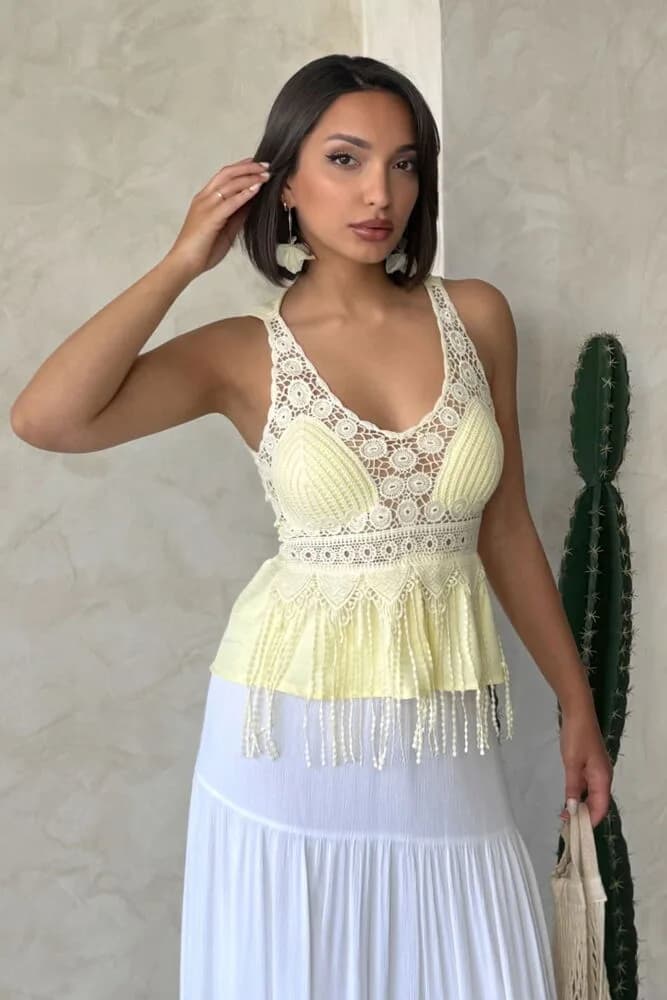 Güpür Detaylı Askılı Toptan Bluz Sarı - SARI