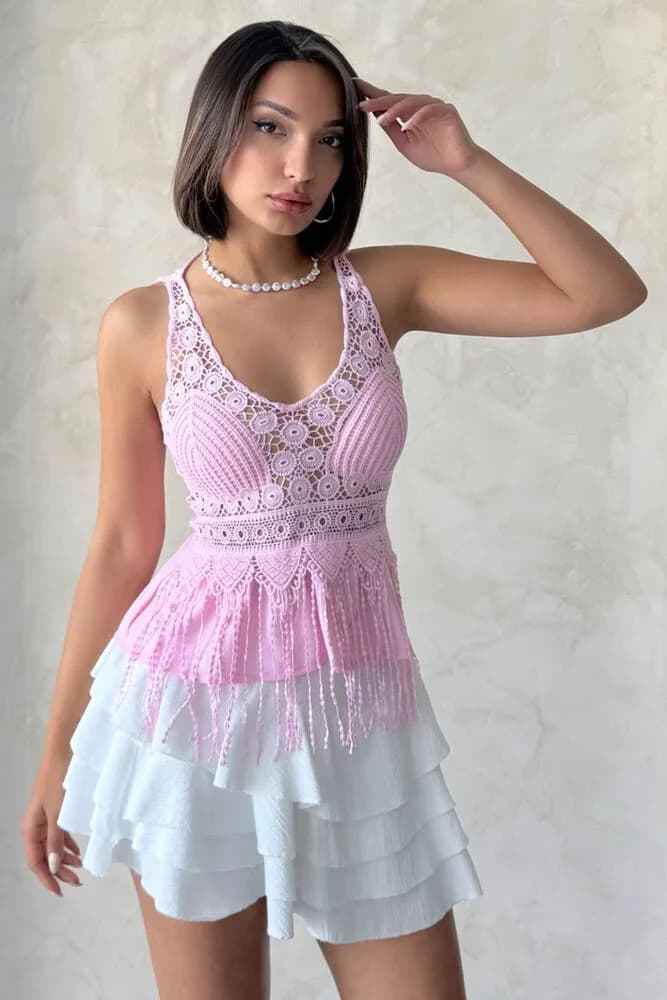Güpür Detaylı Askılı Toptan Bluz Pembe - PEMBE