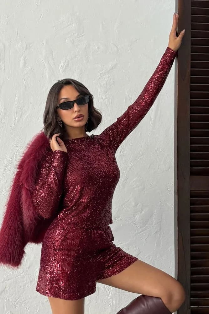 Topshow Işıltılı Pul İşlemeli Uzun Kollu Toptan Kadın Bluz - BORDO