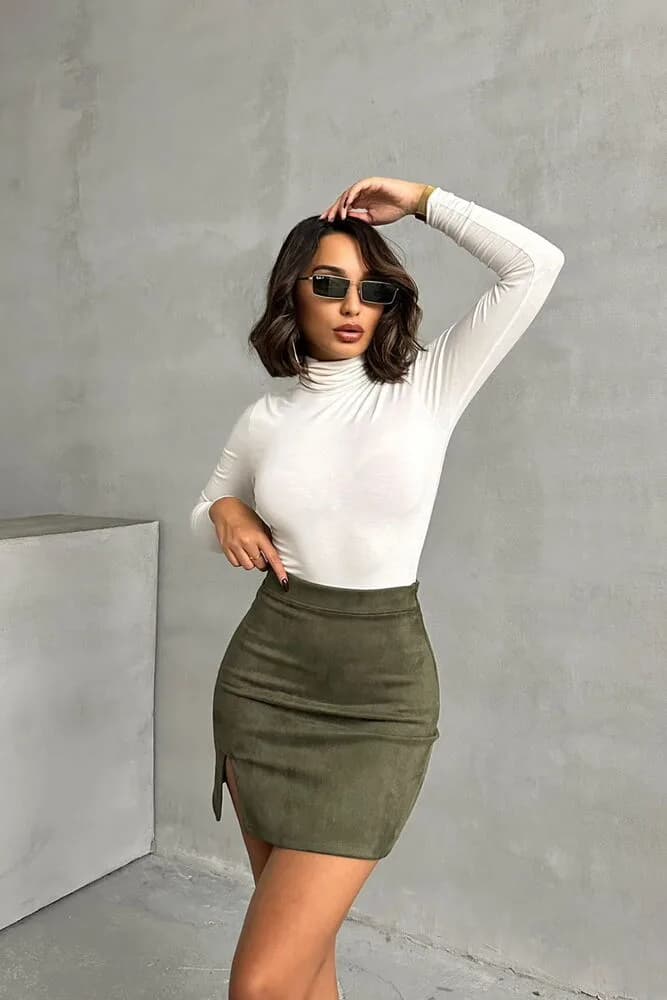 Süet Toptan Mini Etek - HAKİ
