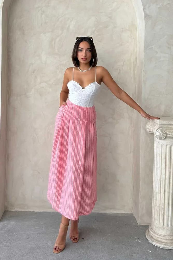 Çizgili Keten Etek - PEMBE