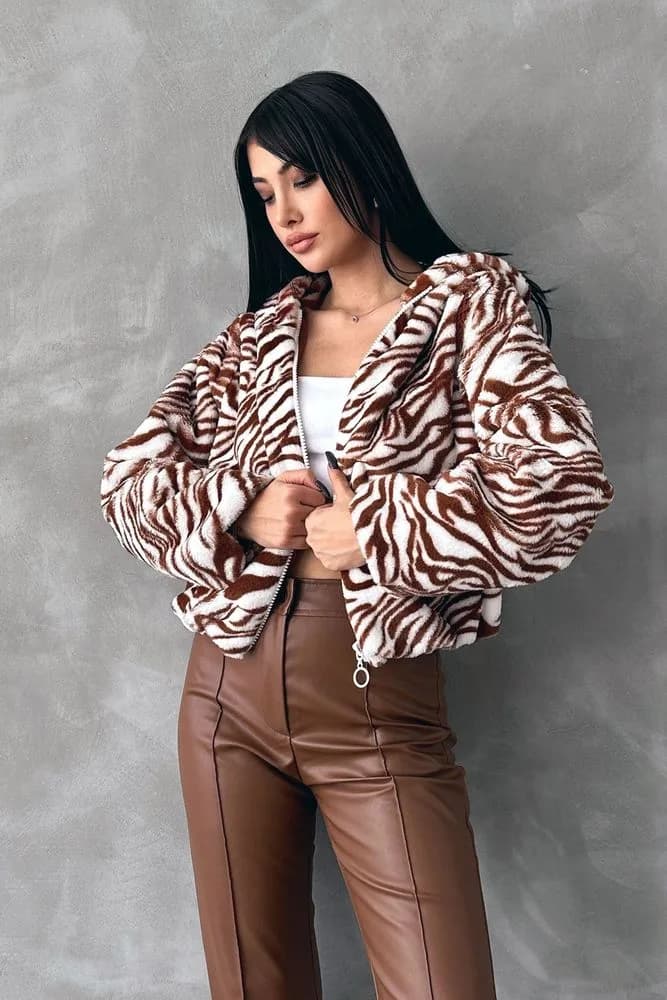 Leopar Bskılı Pejuş Toptan Mont - TABA ZEBRA