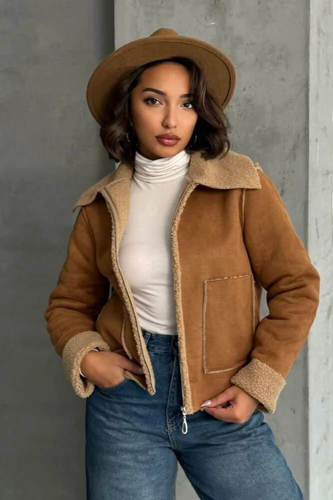 Süet Peluş Toptan Mont - HAKİ KREM