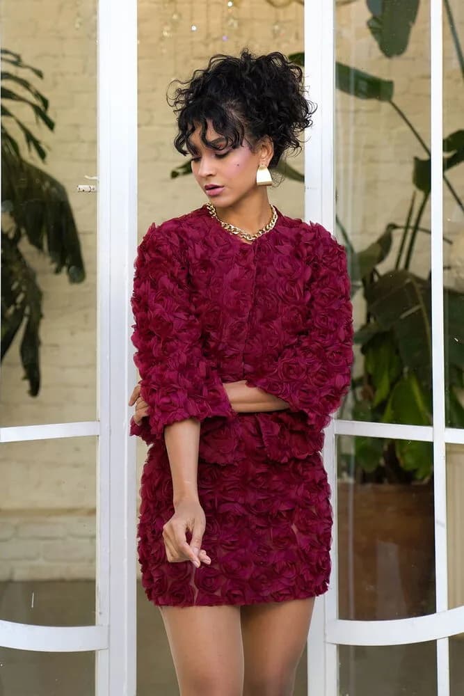 Topshow Bordo Gül Desenli Tül Toptan Toptan Ceket - BORDO