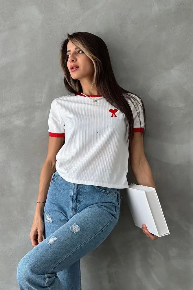 Topshow Krem Kırmızı Nakışlı Toptan Tişört - KREM KIRMIZI