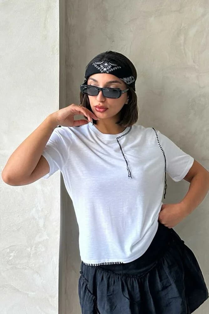 Topshow Beyaz Çoban Dikişli Toptan Tişört - BEYAZ