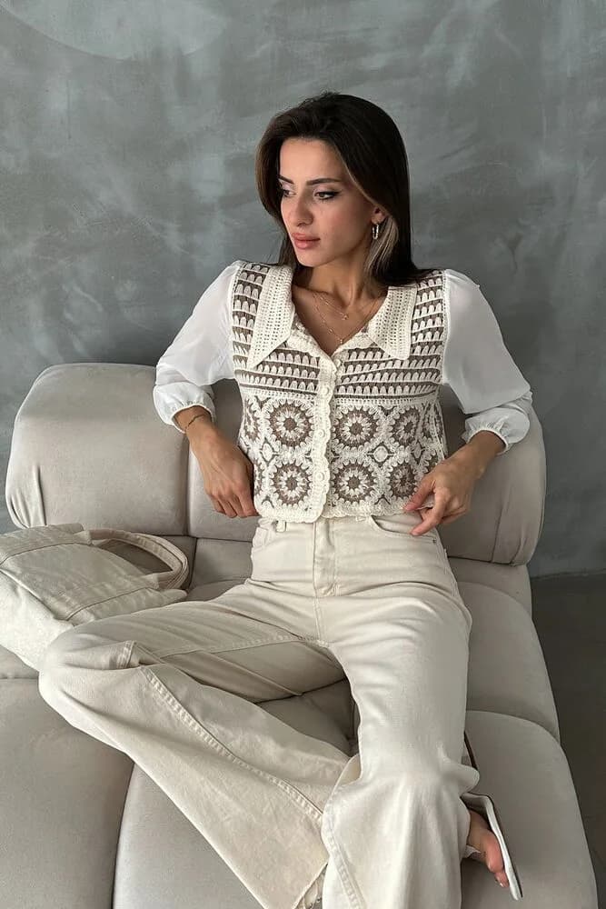 Çiçek Desenli Kısa Toptan Hırka - TAŞ KAHVE