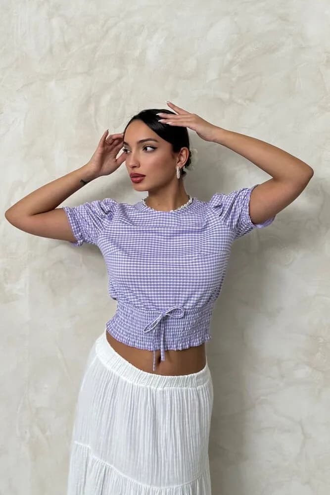 Topshow Lila Beli Gipeli Pitikareli Toptan Bluz - LİLA