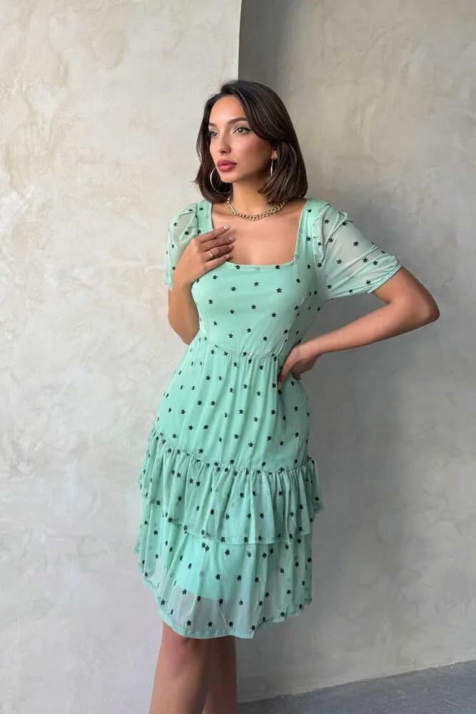 Topshow Çağla Kayık Yaka Çiçekli Toptan Etek Fırfırlı Kısa Kol Toptan Elbise - ÇAĞLA