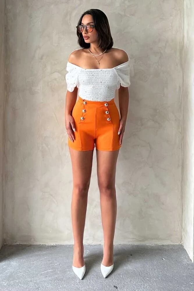 Topshow Oranj Süs Düğmeli Toptan Şort - ORANJ
