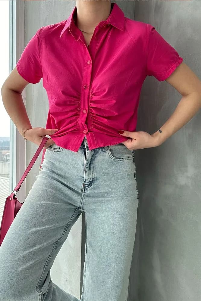 Topshow Fuşya Gipeli Önü Büzgülü Toptan Bluz - FUŞYA