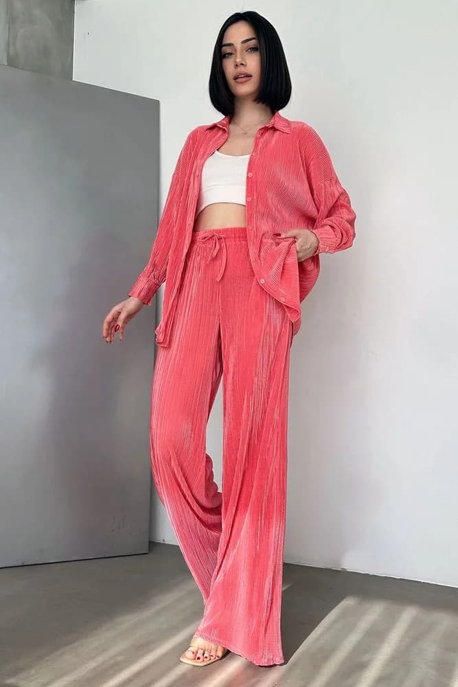 Topshow Fuşya Piliseli Toptan Pantolon - FUŞYA