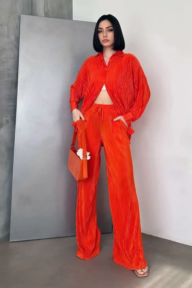 Topshow Oranj Piliseli Toptan Pantolon - ORANJ