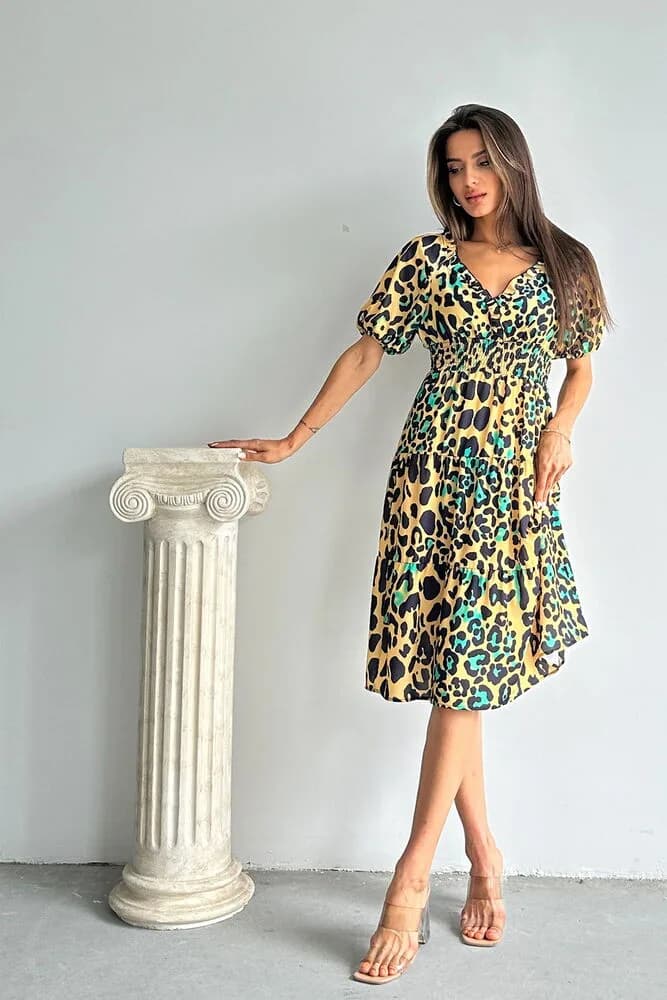 Topshow Leopar Zümrüt Desenli Uzun Toptan Elbise - LEOPAR ZÜMRÜT