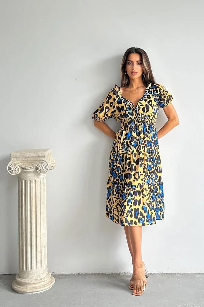 Topshow Leopar Saks Desenli Uzun Toptan Elbise - LEOPAR SAKS