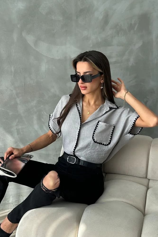 Topshow Gri Çoban Dikişli Keten Toptan Gömlek - GRİ