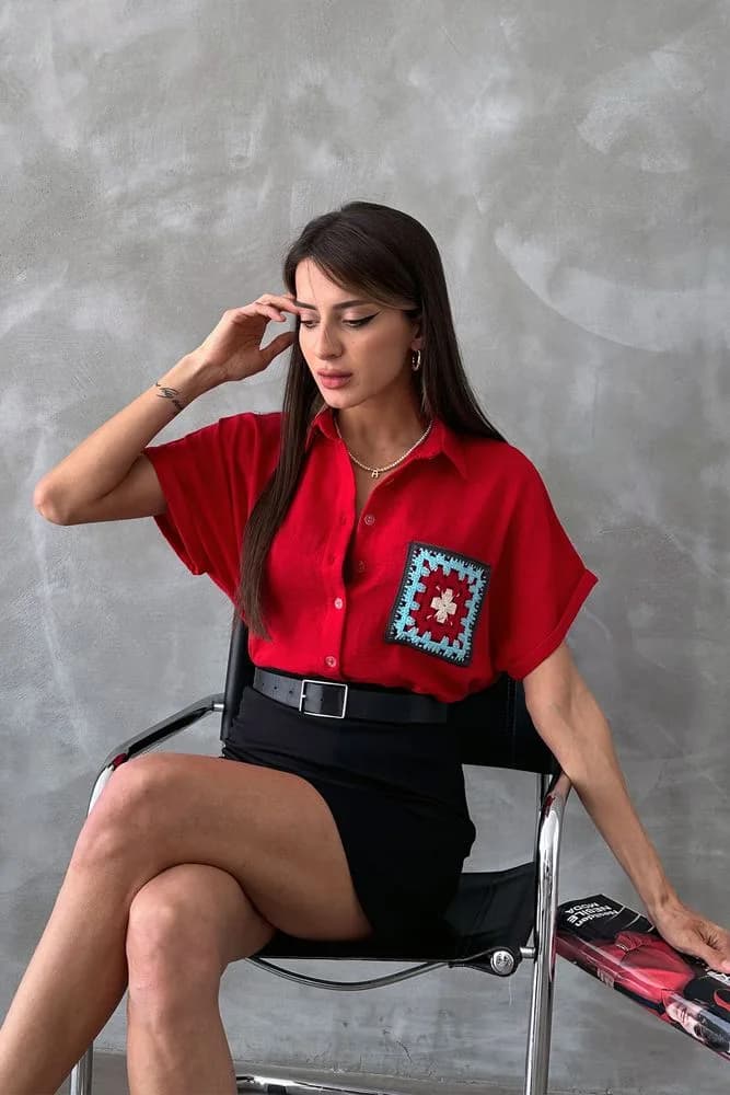 Topshow Kırmızı Çiçek Cepli Toptan Gömlek - KIRMIZI