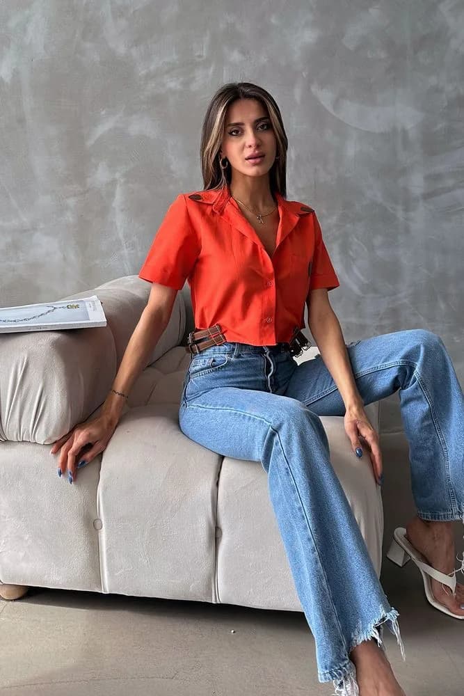 Topshow Oranj Kemer Detaylı Toptan Gömlek - ORANJ