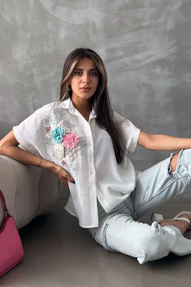 Topshow Krem Çiçek Detaylı Toptan Gömlek - KREM