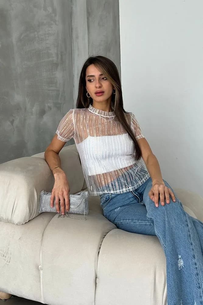 Topshow Krem Pullu Tül Toptan Tişört - KREM