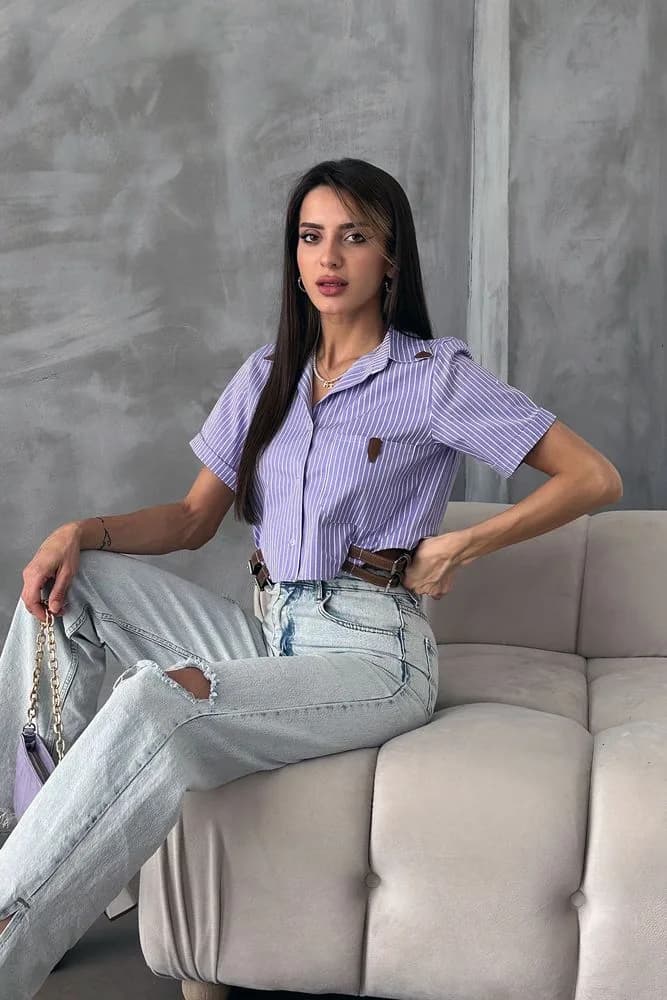 Topshow Lila Çizgili Kemer Detaylı Çizgili Toptan Gömlek - LİLA ÇİZGİLİ
