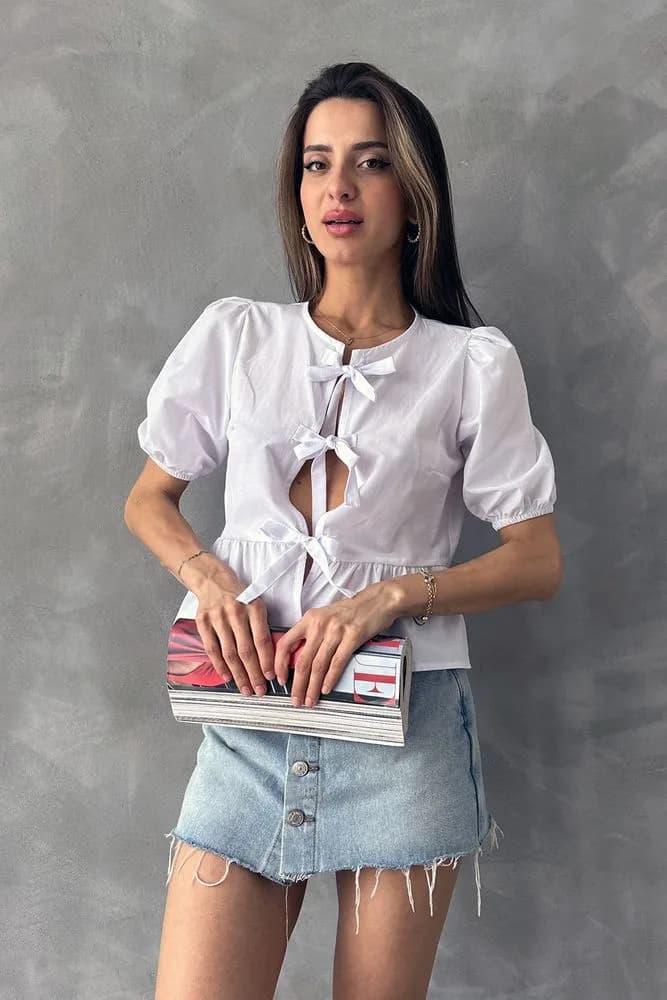 Topshow Beyaz Önden Bağlamalı Poplin Toptan Bluz - BEYAZ