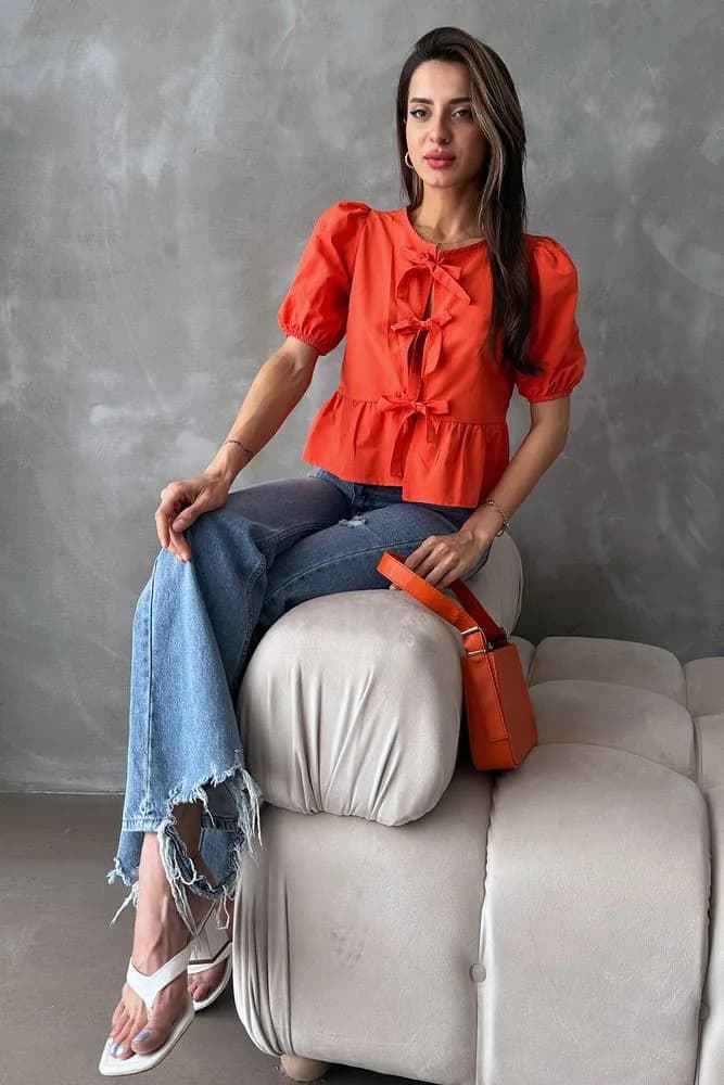Topshow Oranj Önden Bağlamalı Poplin Toptan Bluz - ORANJ