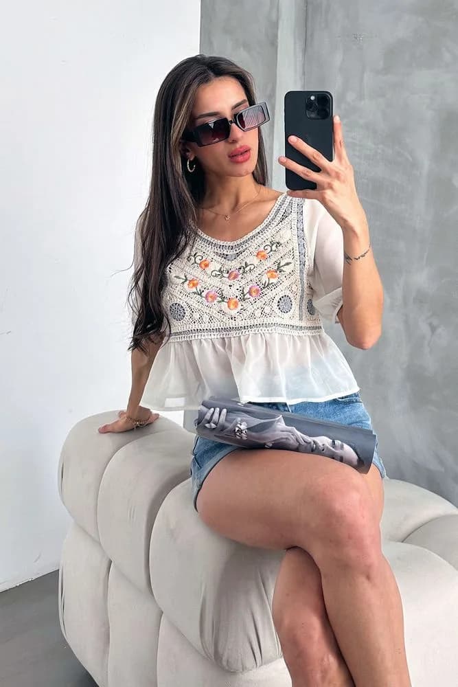 Topshow Taş Gri Nakışlı Toptan Bluz - TAŞ GRİ