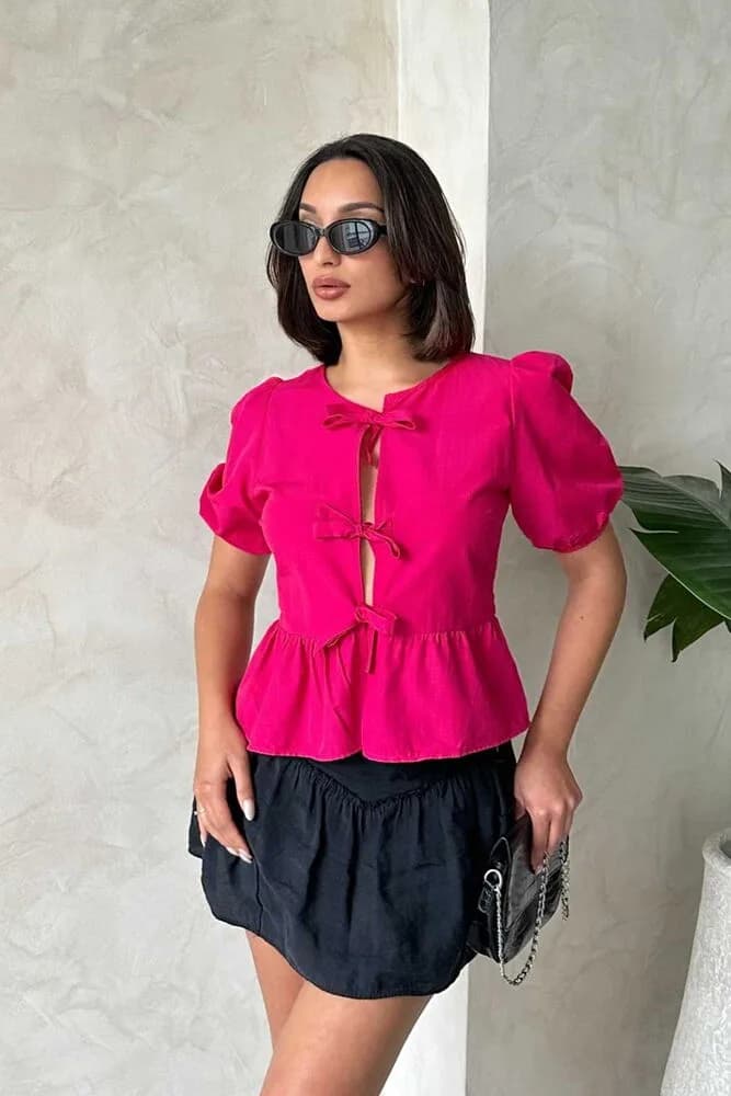 Topshow Fuşya Önden Bağlamalı Poplin Toptan Bluz - FUŞYA