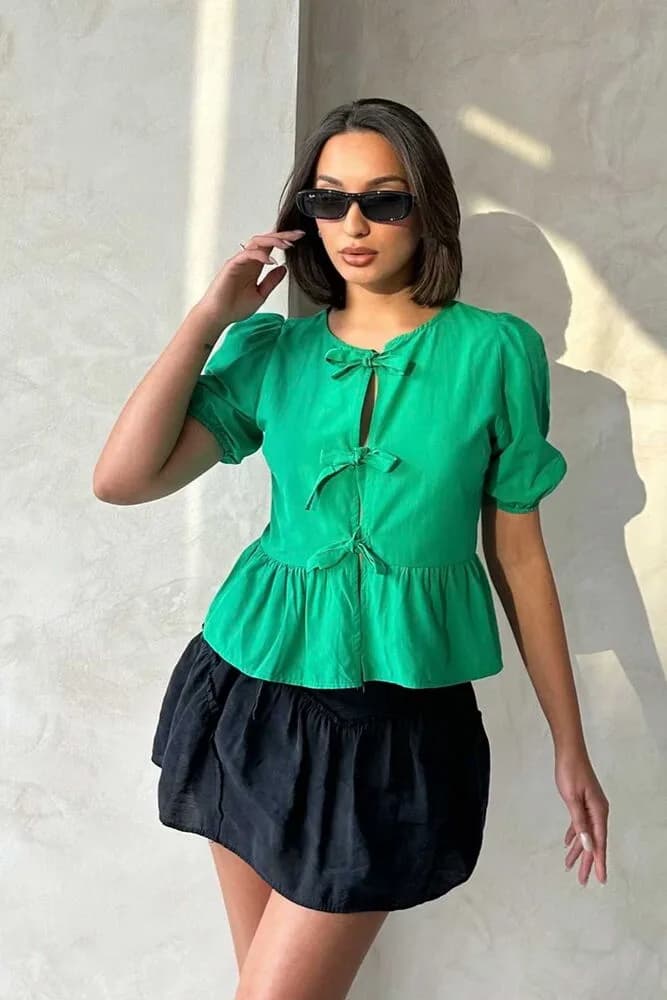 Topshow Zümrüt Önden Bağlamalı Poplin Toptan Bluz - ZÜMRÜT