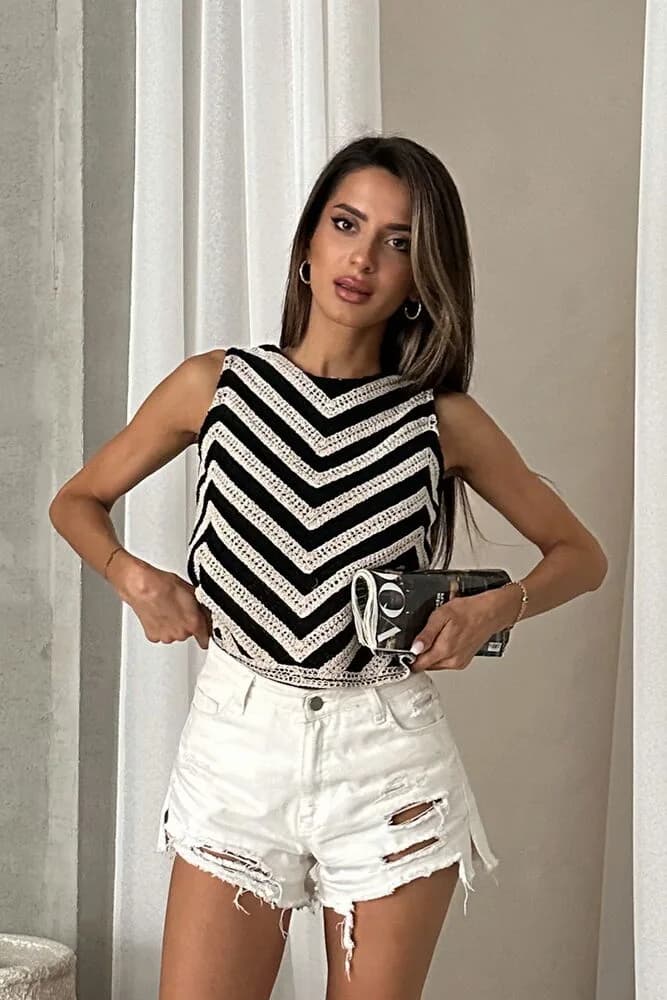 Topshow Ham Siyah Kolsuz Zebra Desen Tiğişi Toptan Bluz - HAM SİYAH