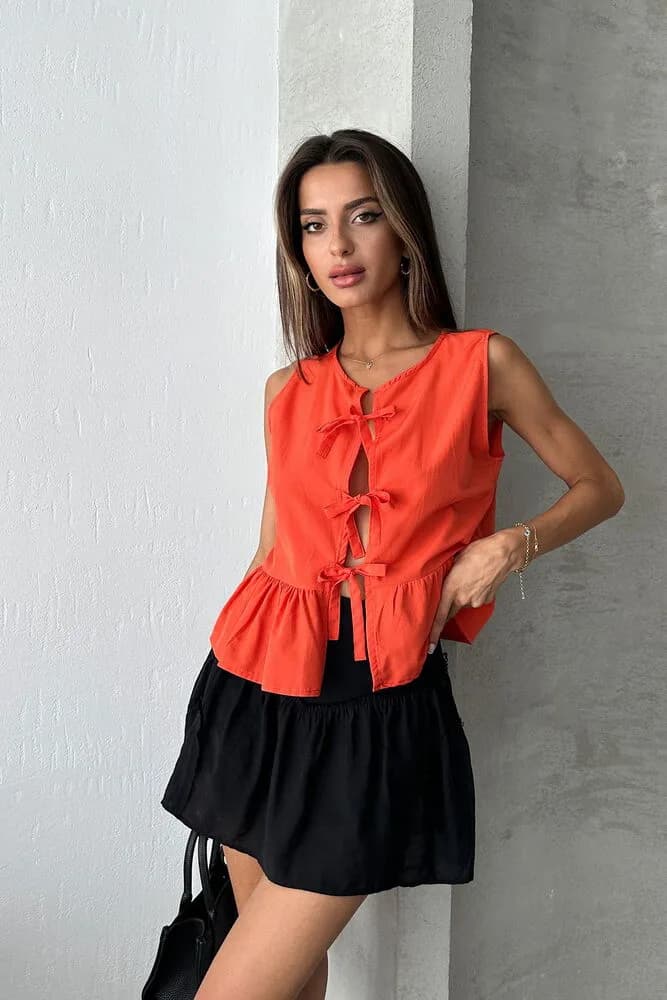 Topshow Oranj Önden Baglamalı Toptan Bluz - ORANJ