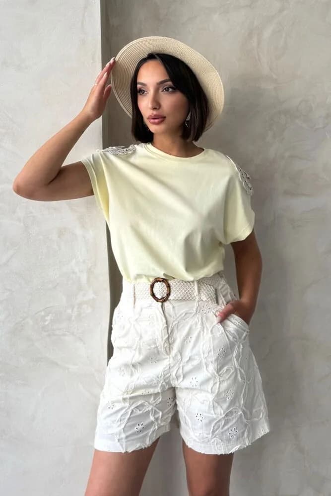 Omuzu Dantelli t - Shirt - Sarı - SARI
