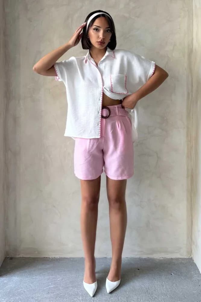 Kemerli Şort - Pembe - PEMBE