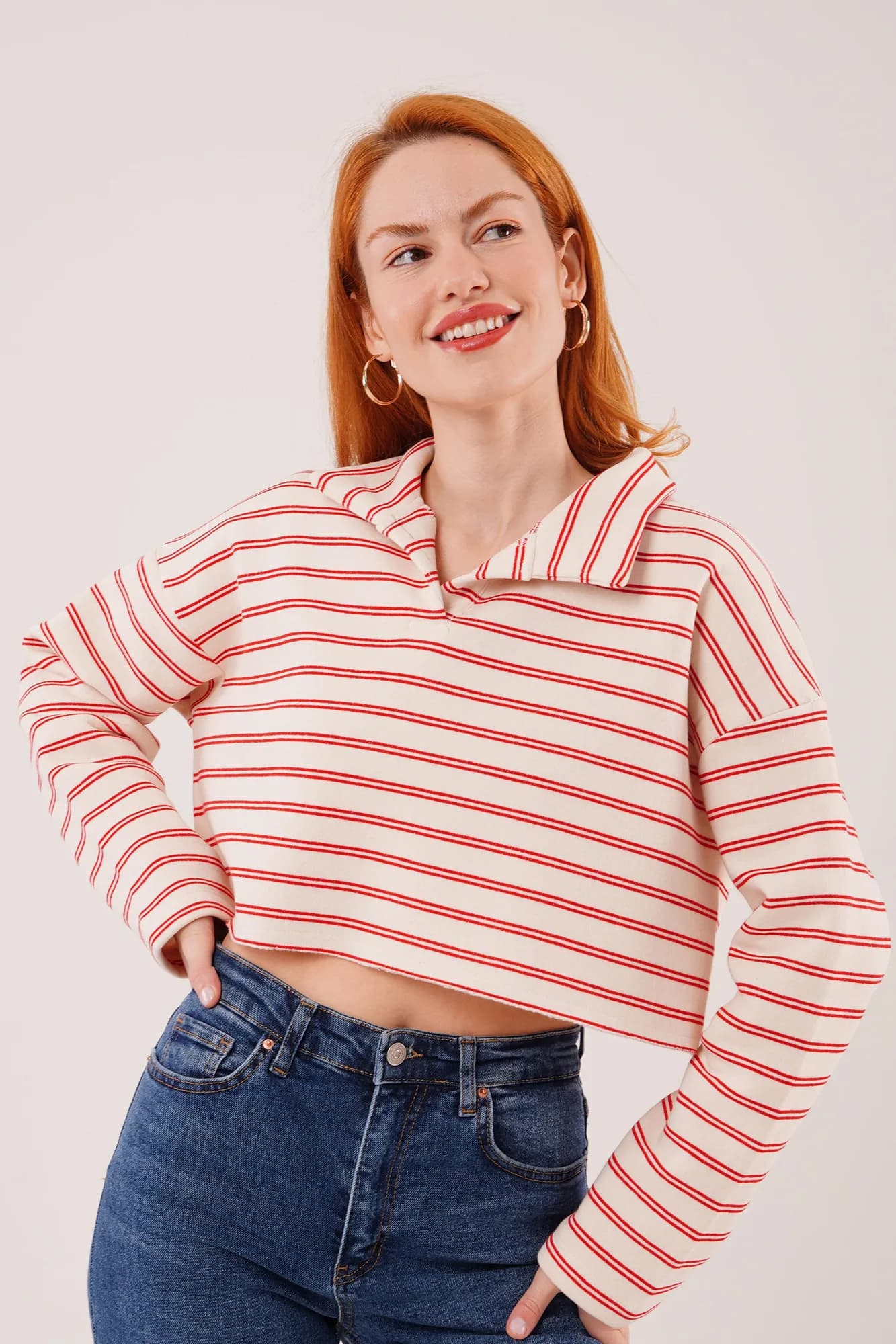 Polo Yaka Kırmızı Çizgili Toptan Crop Sweatshirt - Kırmızı
