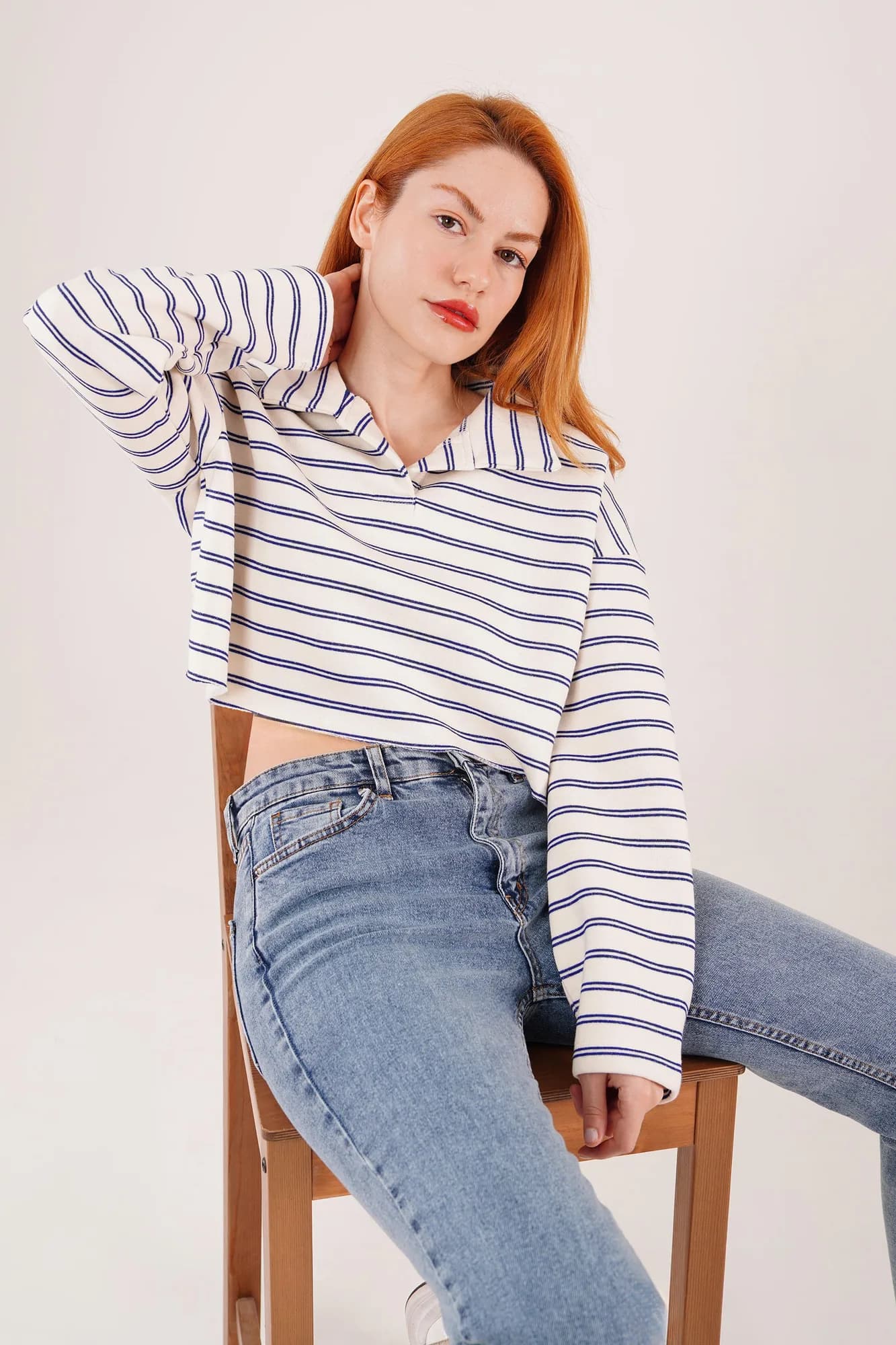 Polo Yaka Lacivert Çizgili Toptan Crop Sweatshirt - Lacivert