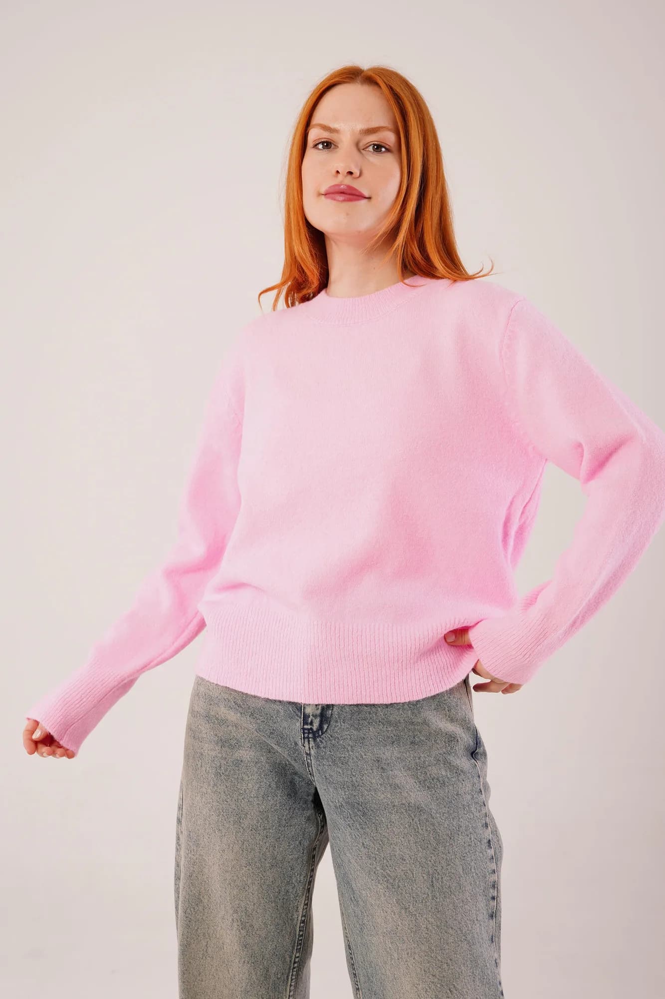 Bisiklet Yaka Düz Model Pembe Triko Toptan Kazak - Pembe