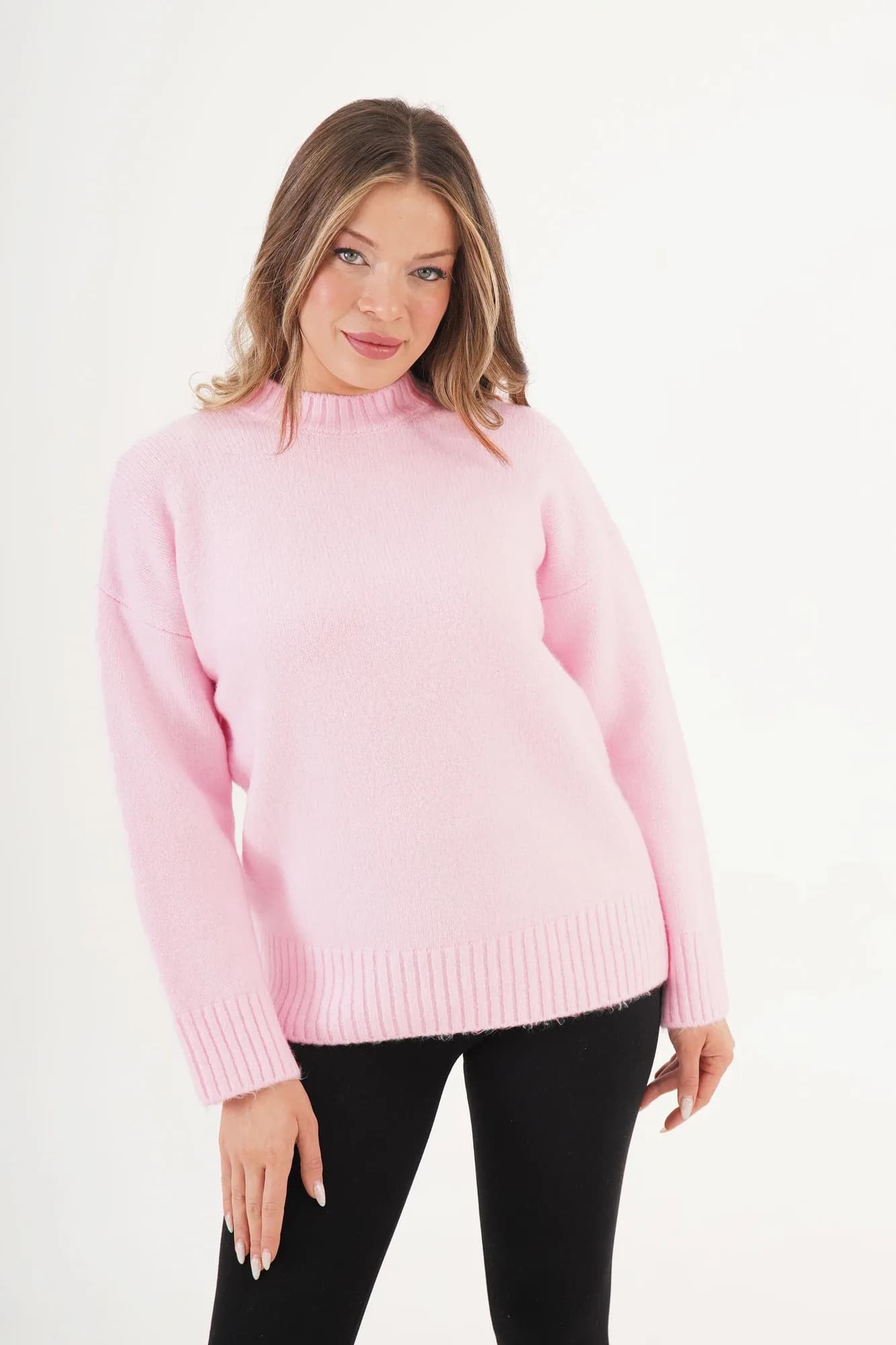 Ribana Detaylı Basic Toptan Pembe Kazak - Pembe