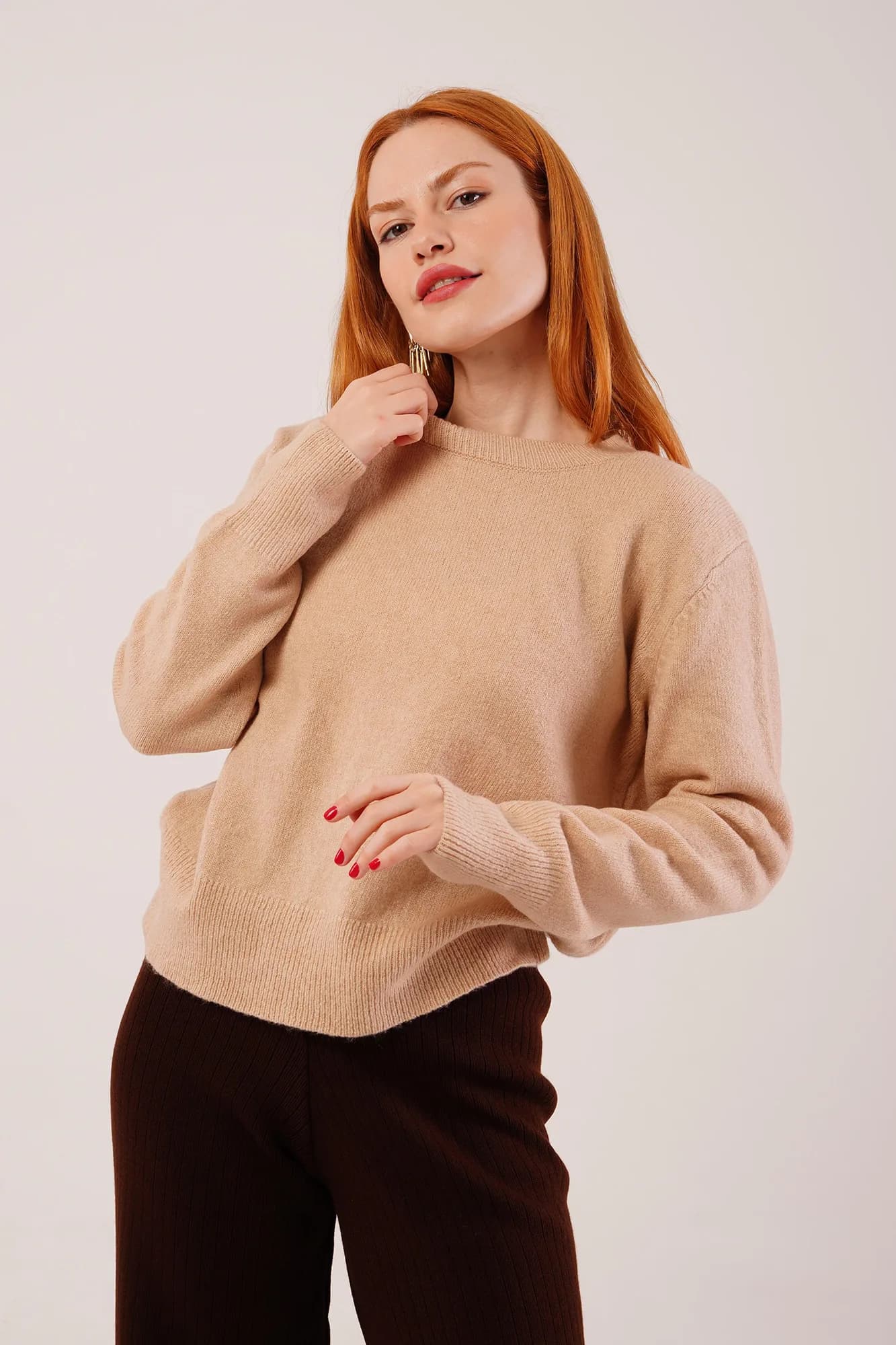 Bisiklet Yaka Düz Model Camel Triko Toptan Kazak - Camel