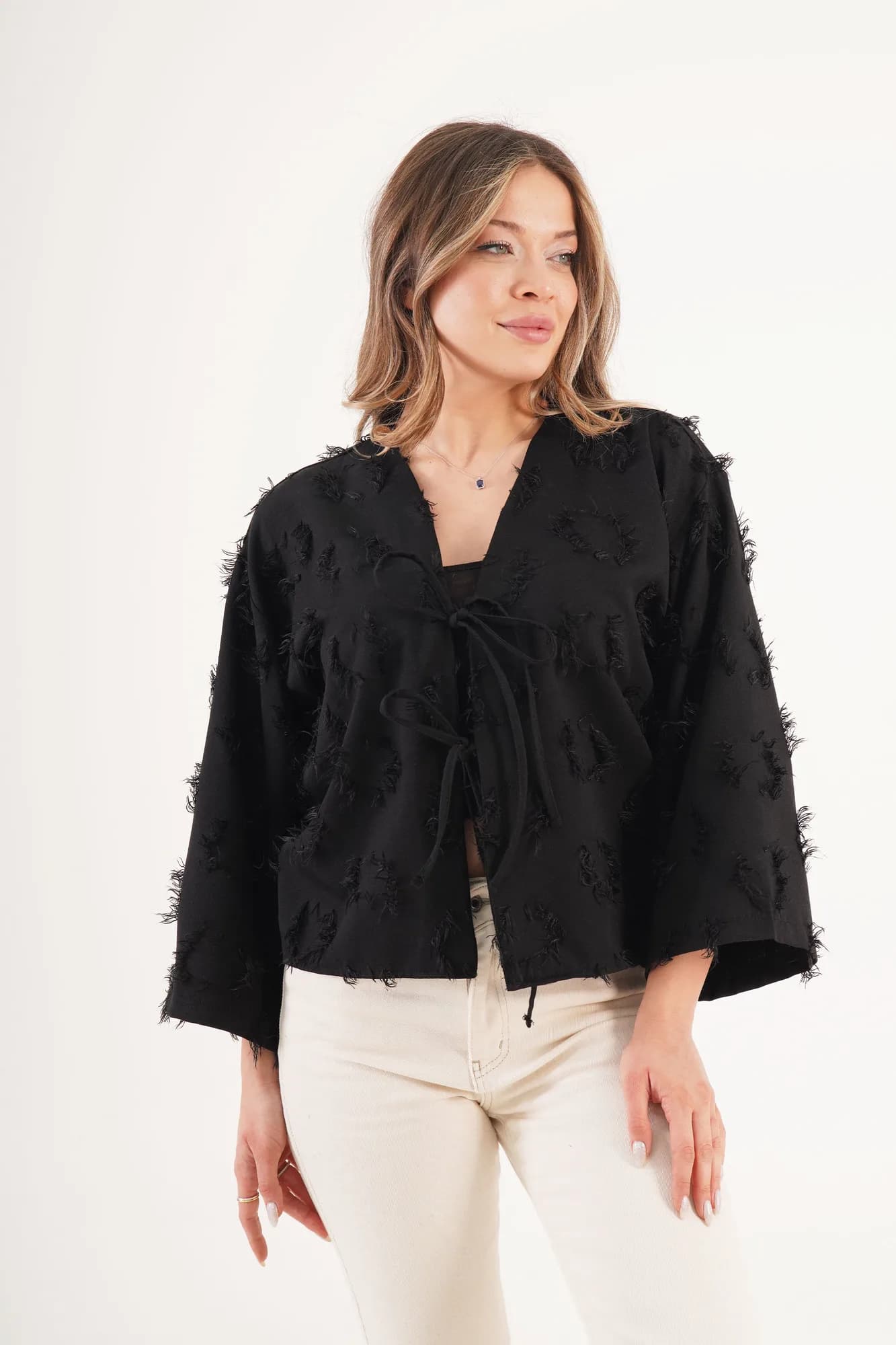 Saçaklı İp Bağlamalı Toptan Siyah Kimono - Siyah