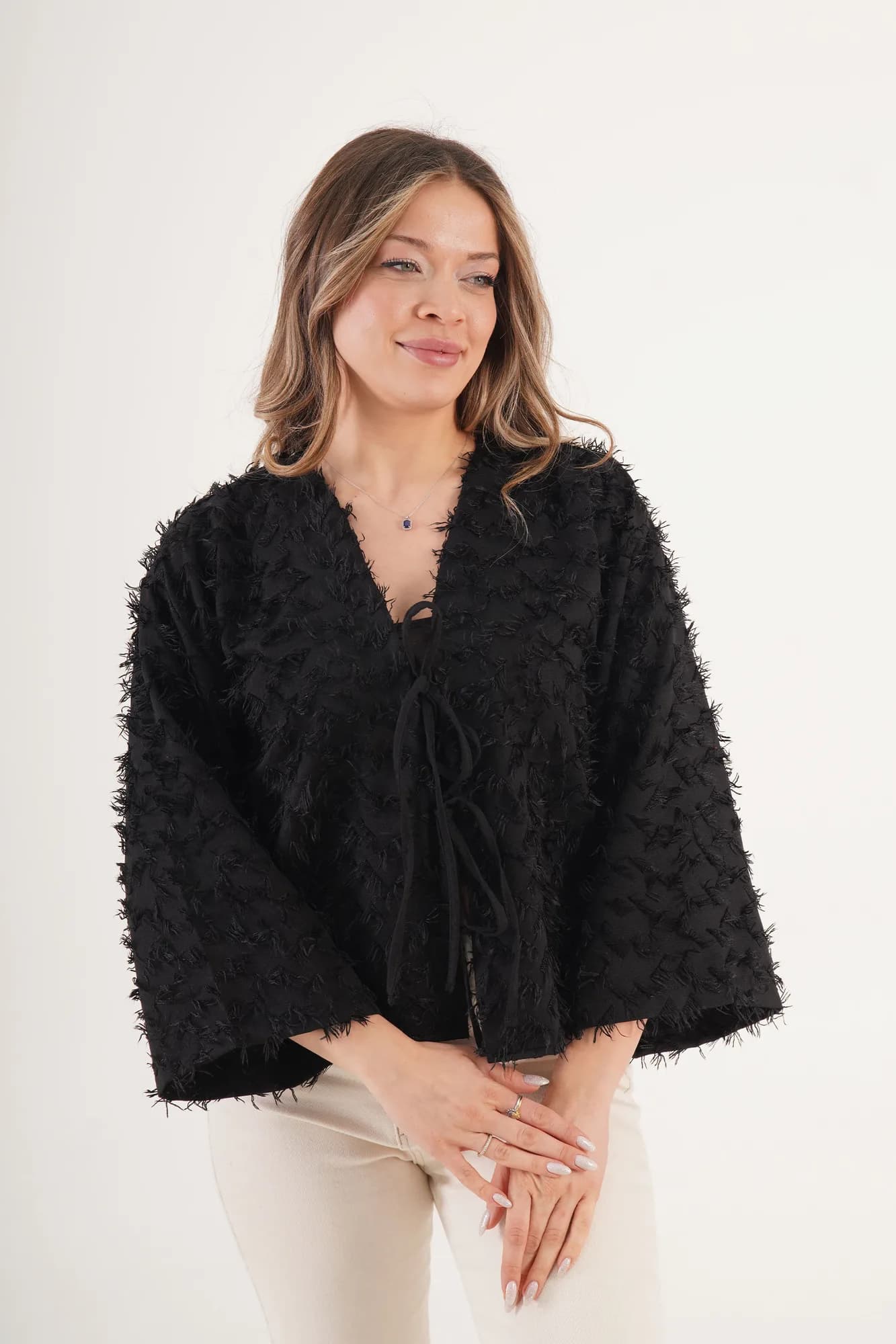 Full Saçaklı İp Bağlamalı Toptan Siyah Kimono - Siyah