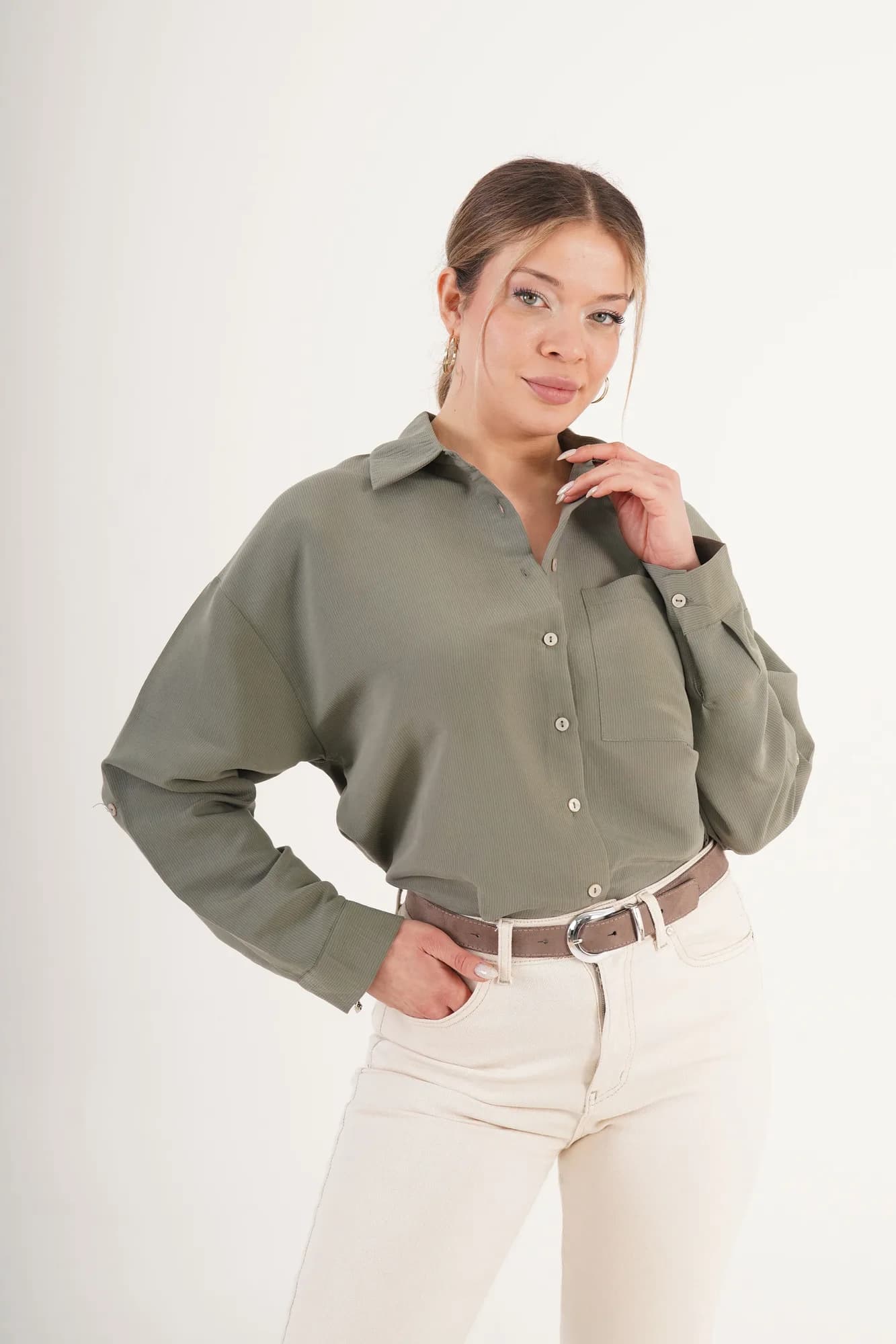 Minimal Soft Çizgili Haki Toptan Gömlek - Haki